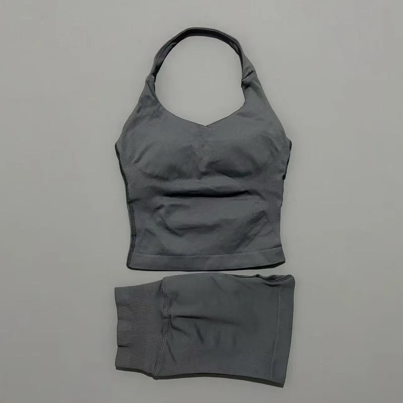 Backless Halter Yoga Set - Top & Seamless Shorts
