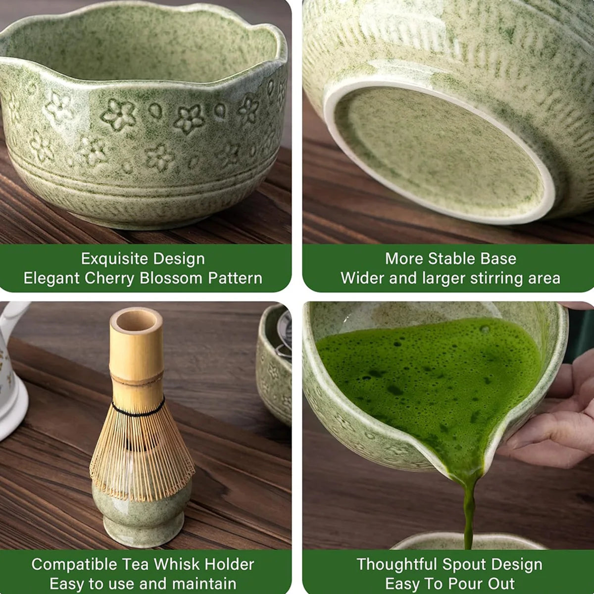 Matcha Whisk Set - 5Pcs Tiny Flower Matcha Set Includes 18.5oz/550ml Chawan with Spout, Bamboo Chasen Whisk with Ceramic Holder
