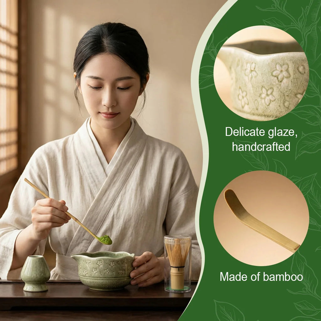 Matcha Whisk Set - 5Pcs Tiny Flower Matcha Set Includes 18.5oz/550ml Chawan with Spout, Bamboo Chasen Whisk with Ceramic Holder