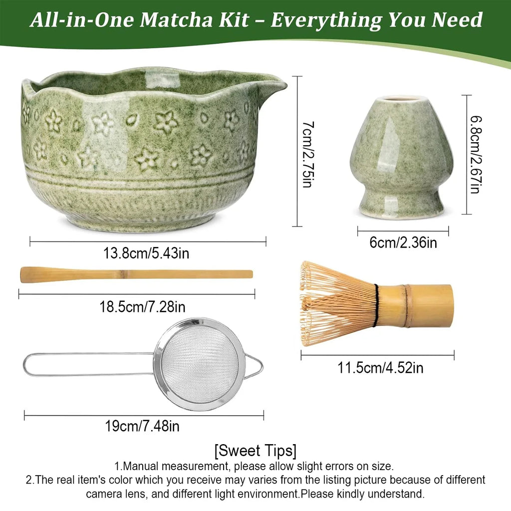 Matcha Whisk Set - 5Pcs Tiny Flower Matcha Set Includes 18.5oz/550ml Chawan with Spout, Bamboo Chasen Whisk with Ceramic Holder