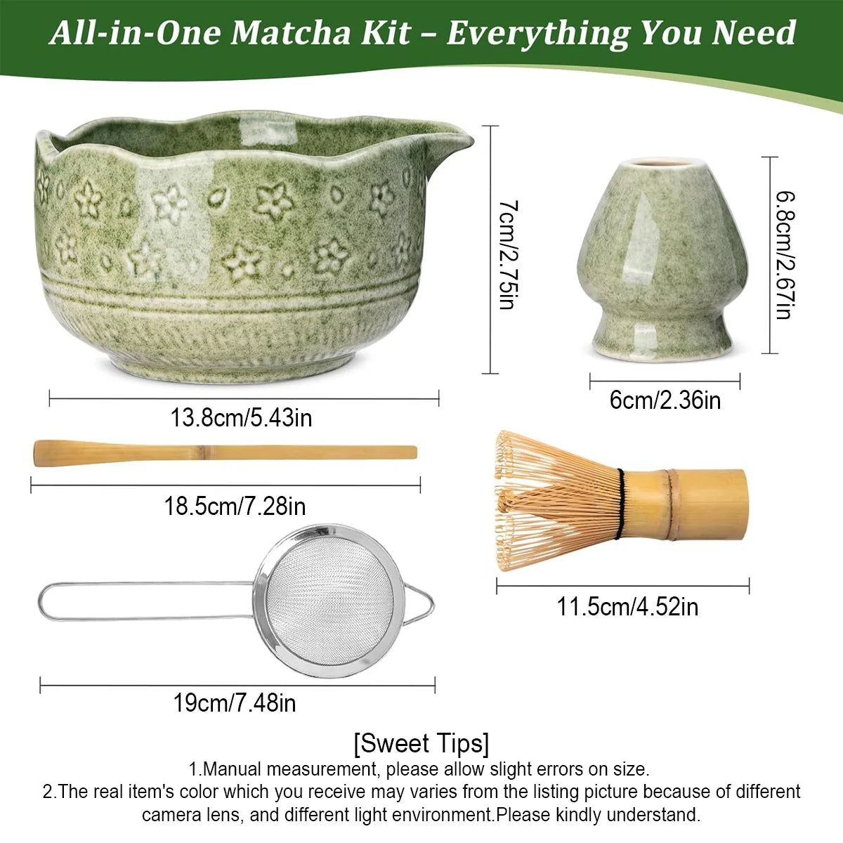Matcha Whisk Set - 5Pcs Tiny Flower Matcha Set Includes 18.5oz/550ml Chawan with Spout, Bamboo Chasen Whisk with Ceramic Holder