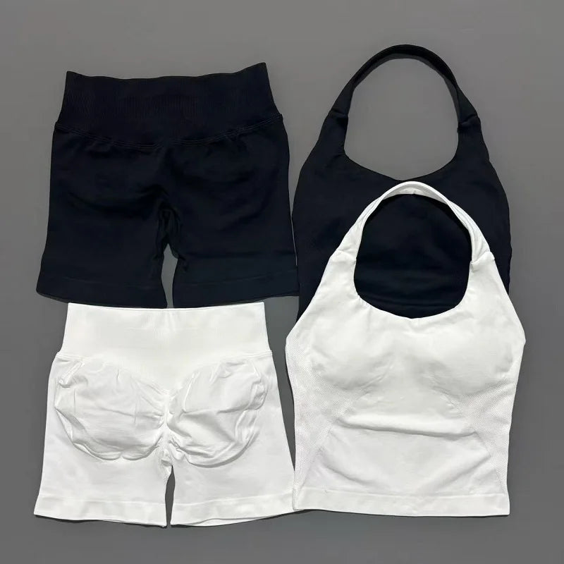 Backless Halter Yoga Set - Top & Seamless Shorts