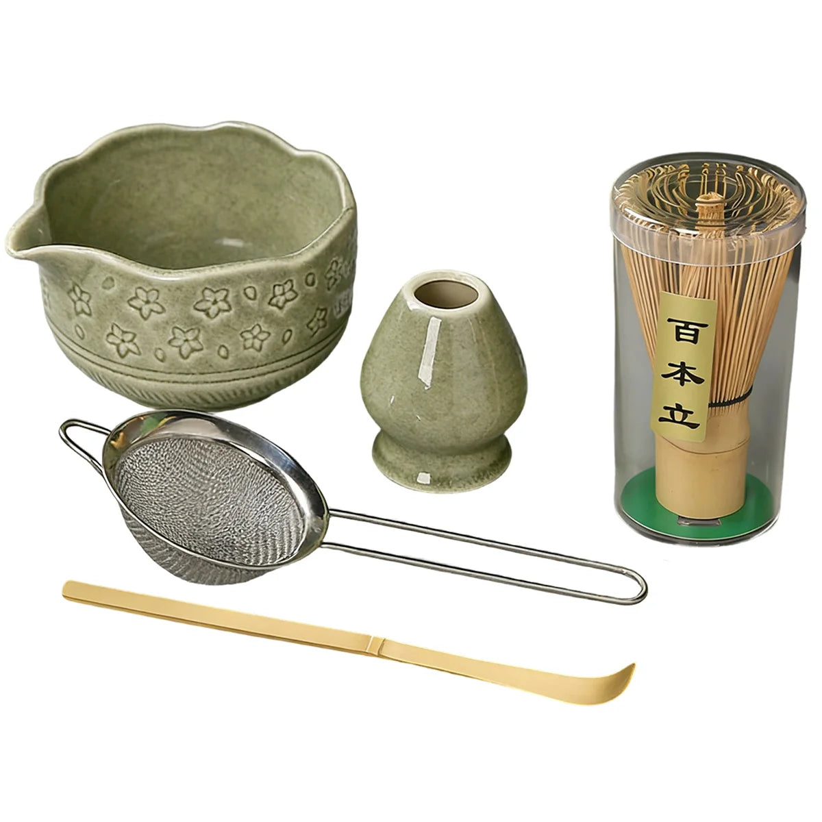 Matcha Whisk Set - 5Pcs Tiny Flower Matcha Set Includes 18.5oz/550ml Chawan with Spout, Bamboo Chasen Whisk with Ceramic Holder