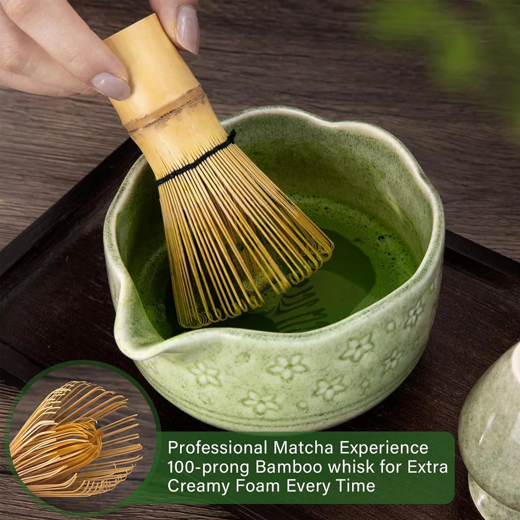 Matcha Whisk Set - 5Pcs Tiny Flower Matcha Set Includes 18.5oz/550ml Chawan with Spout, Bamboo Chasen Whisk with Ceramic Holder