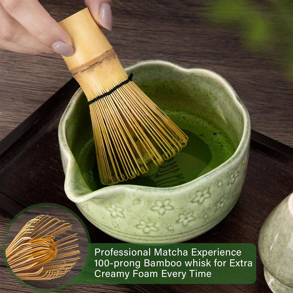 Matcha Whisk Set - 5Pcs Tiny Flower Matcha Set Includes 18.5oz/550ml Chawan with Spout, Bamboo Chasen Whisk with Ceramic Holder