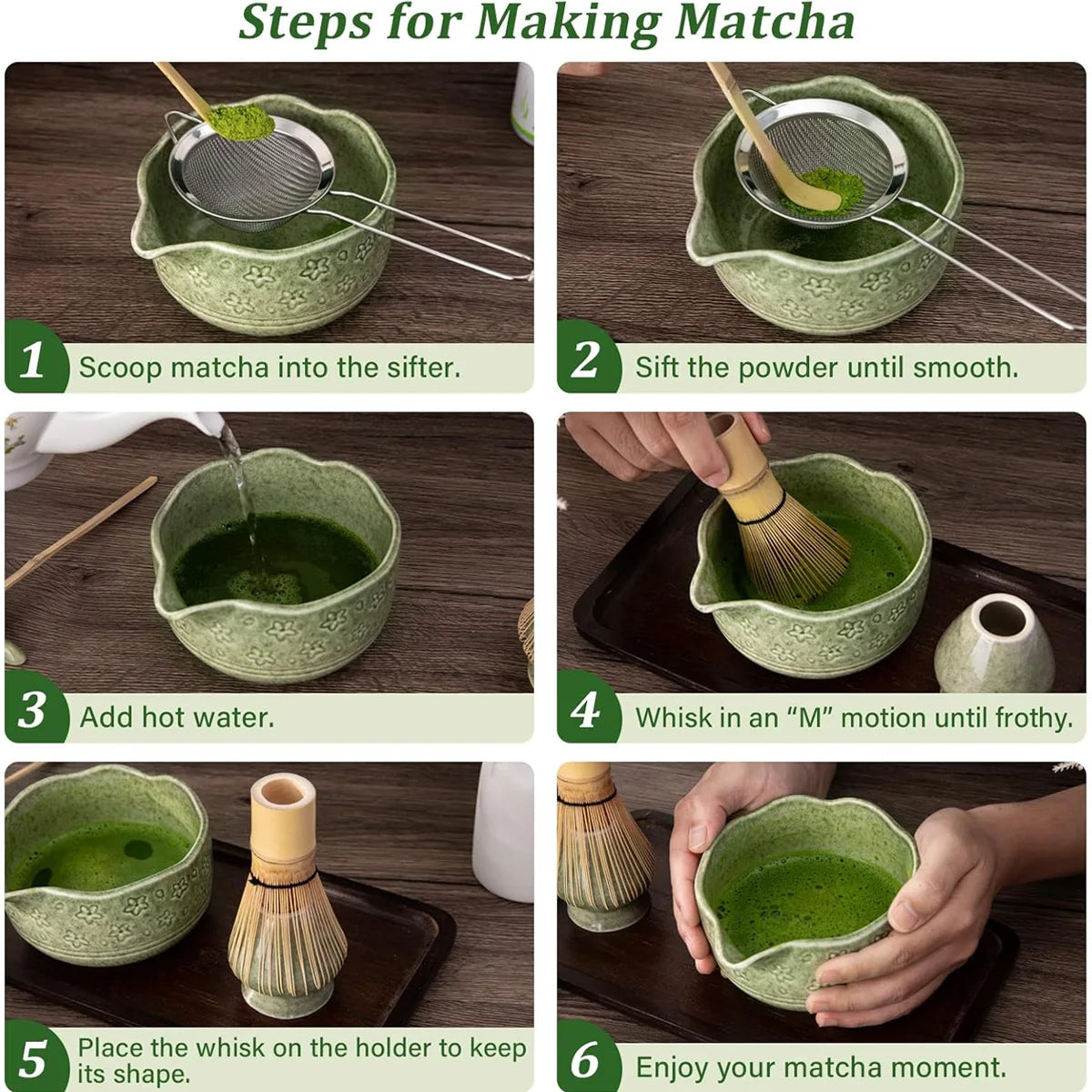 Matcha Whisk Set - 5Pcs Tiny Flower Matcha Set Includes 18.5oz/550ml Chawan with Spout, Bamboo Chasen Whisk with Ceramic Holder