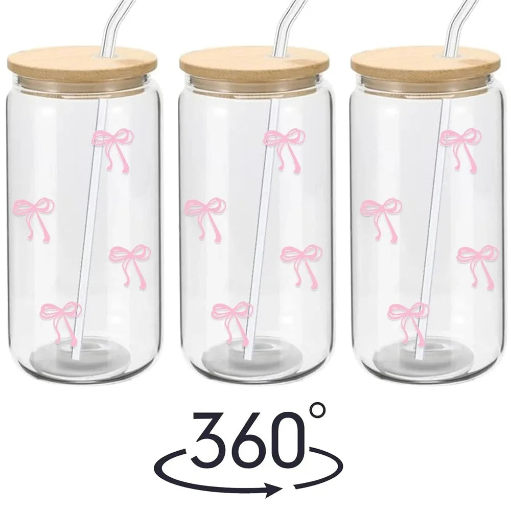 500ml Pink Bow Cute Glass Cups with Lids and Straw Tumbler Glass Cup for Iced Milk Coffee Smoothie Cocktail Matcha Juice Cup