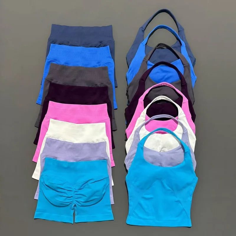 Backless Halter Yoga Set - Top & Seamless Shorts