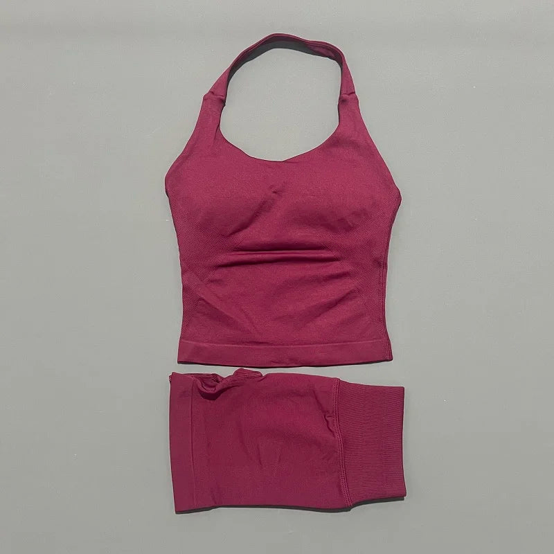 Backless Halter Yoga Set - Top & Seamless Shorts