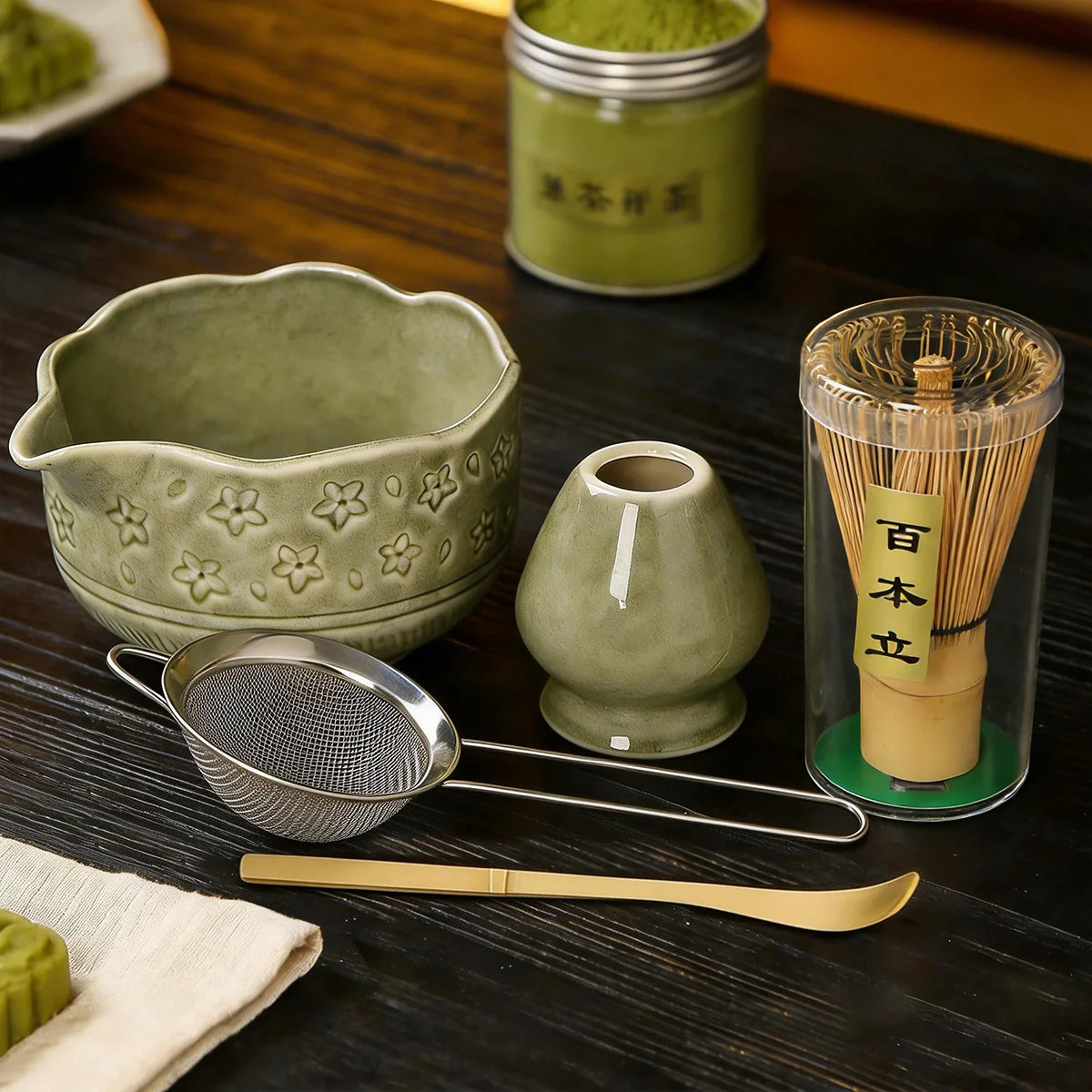 Matcha Whisk Set - 5Pcs Tiny Flower Matcha Set Includes 18.5oz/550ml Chawan with Spout, Bamboo Chasen Whisk with Ceramic Holder