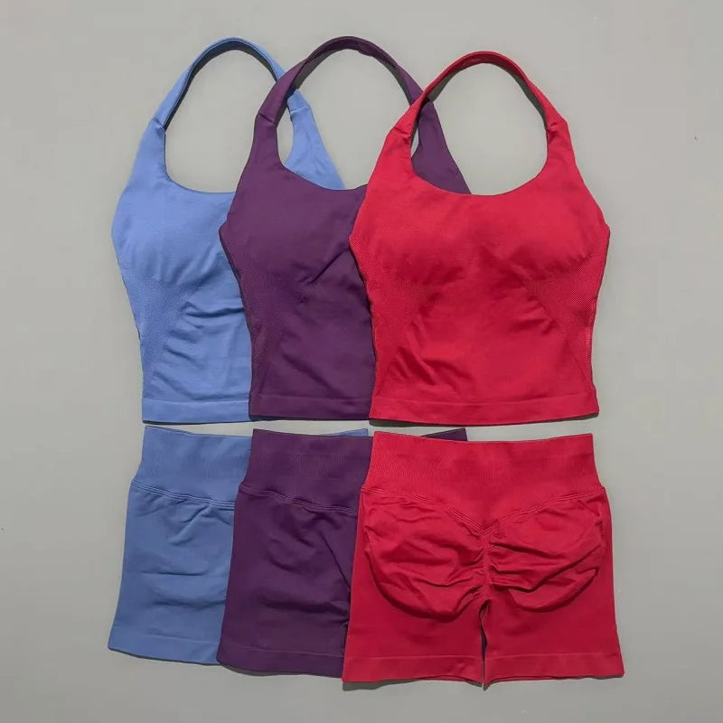 Backless Halter Yoga Set - Top & Seamless Shorts