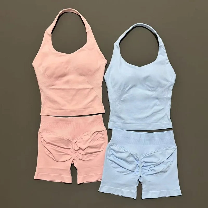 Backless Halter Yoga Set - Top & Seamless Shorts